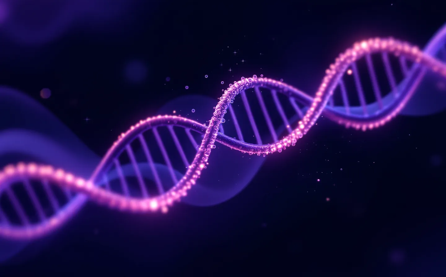 Abstract glowing purple heptapeptide chain over a calm neural wave on a deep-aubergine background